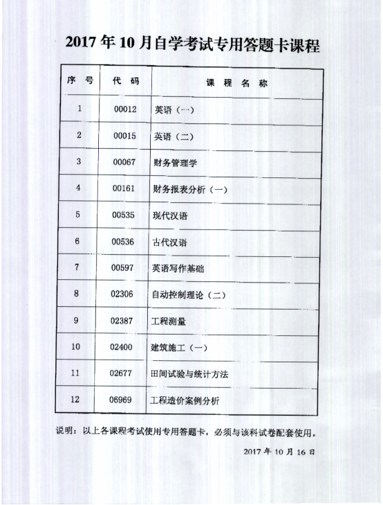 陕西省2017年10月自学考试传统卷课程、专用答题卡课程信息