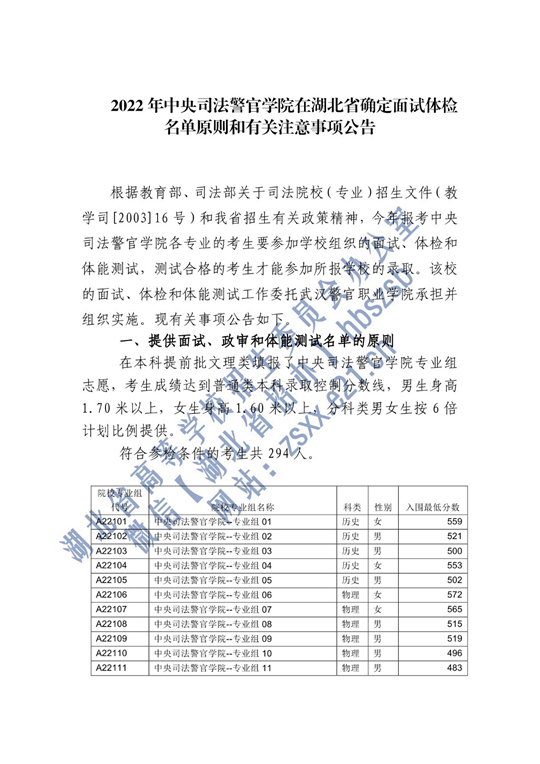 2022年中央司法警官学院在湖北省确定面试体检名单原则和有关注意事项公告