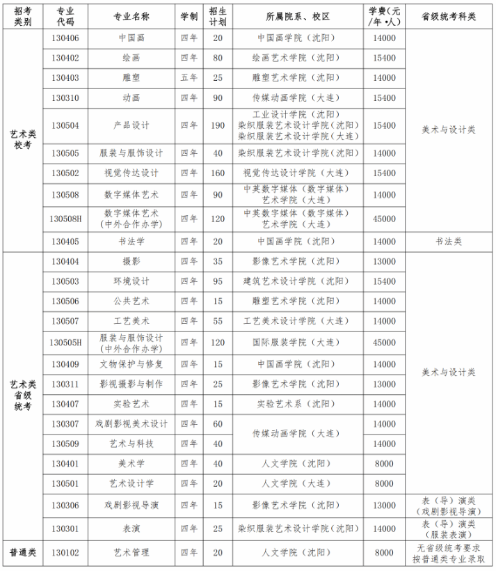 鲁迅美术学院2025年本科招生计划