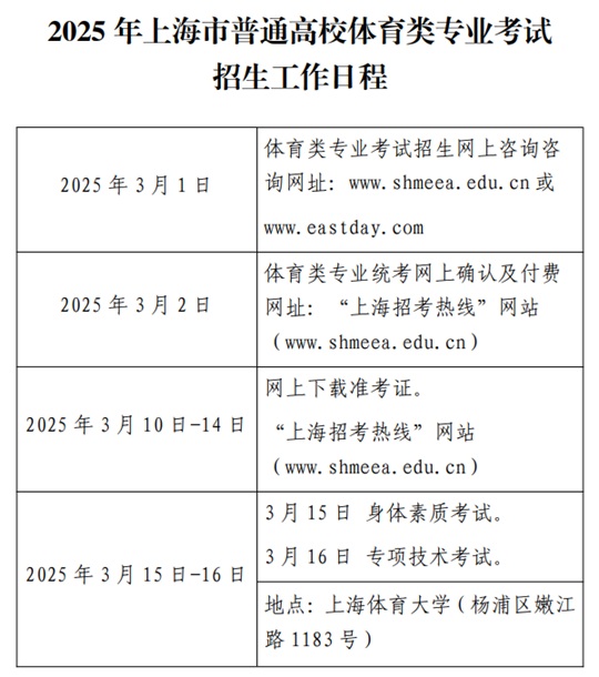 2025年上海市普通高校体育类专业考试招生工作日程