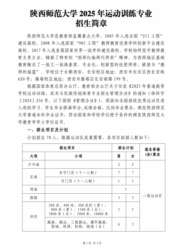 陕西师范大学2025年运动训练专业招生简章