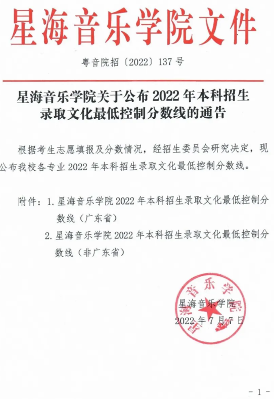 星海音乐学院2022年本科招生录取分数线