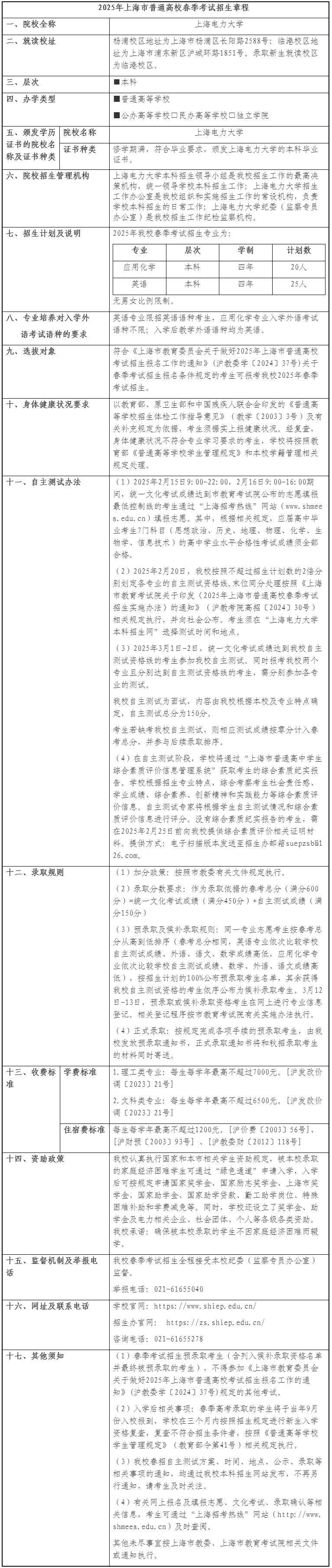 2025年上海电力大学春季高考招生章程