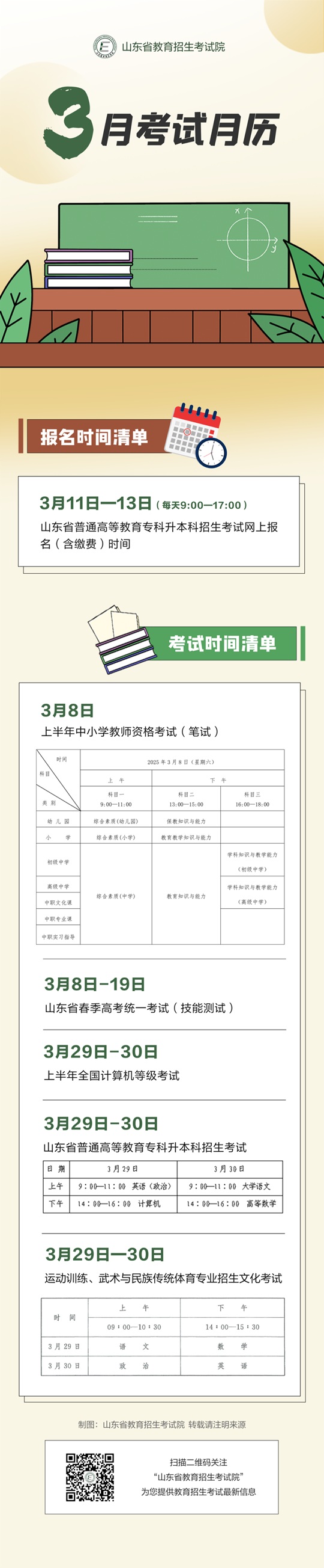 2025年3月山东教育考试月历