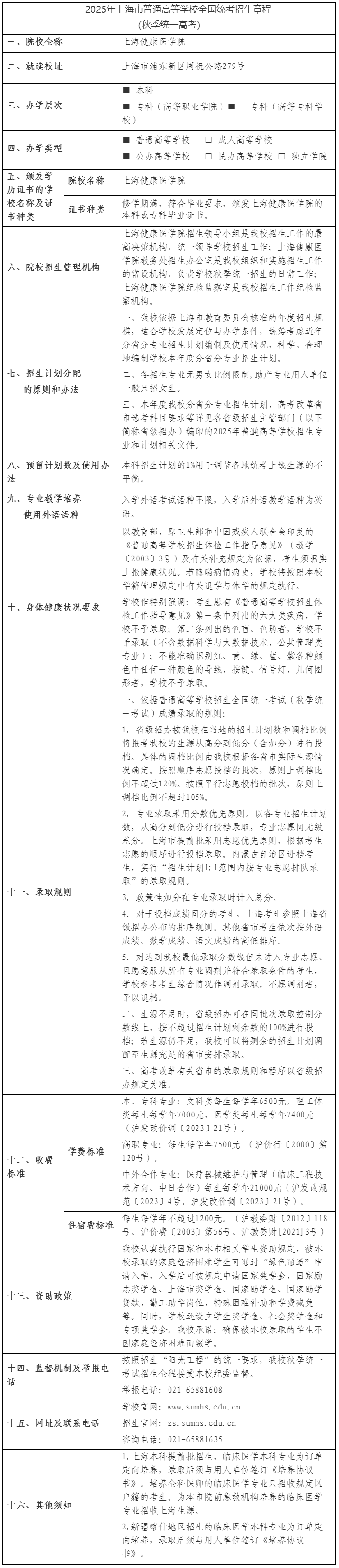2025年上海健康医学院全国统考招生章程（秋季统一高考）