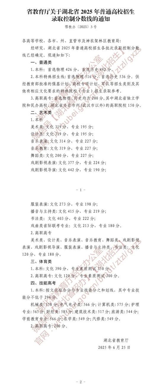 湖北省2025年普通高校招生录取控制分数线