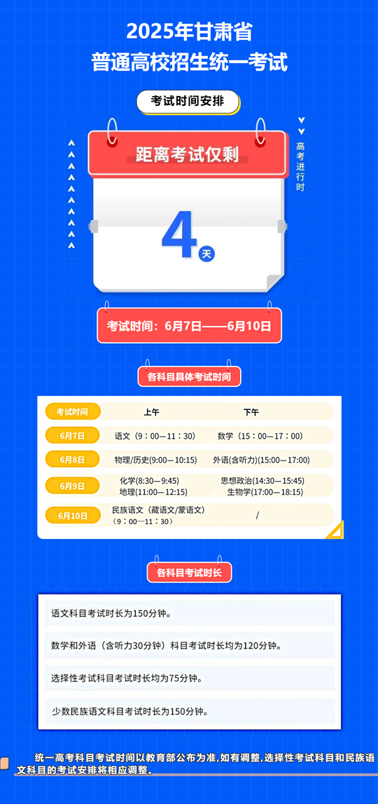 2025年甘肃省普通高校招生统一考试︱（一）考试时间安排