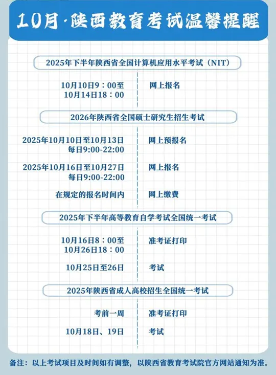 2025年10月陕西省教育考试月历