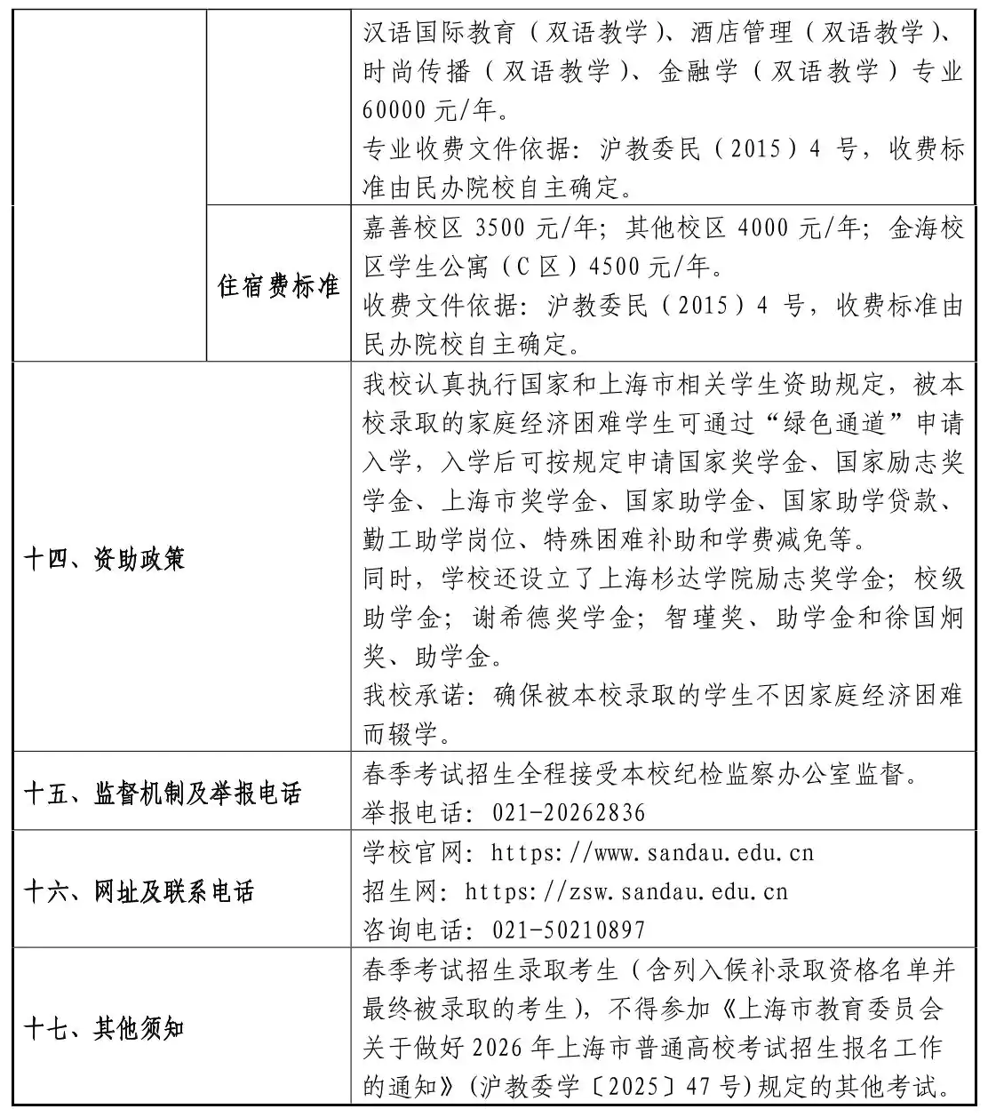 2026年上海杉达学院春季招生章程