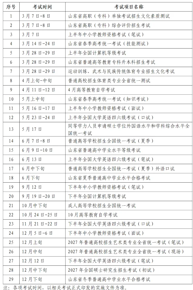 2026年山东省教育考试时间安排表