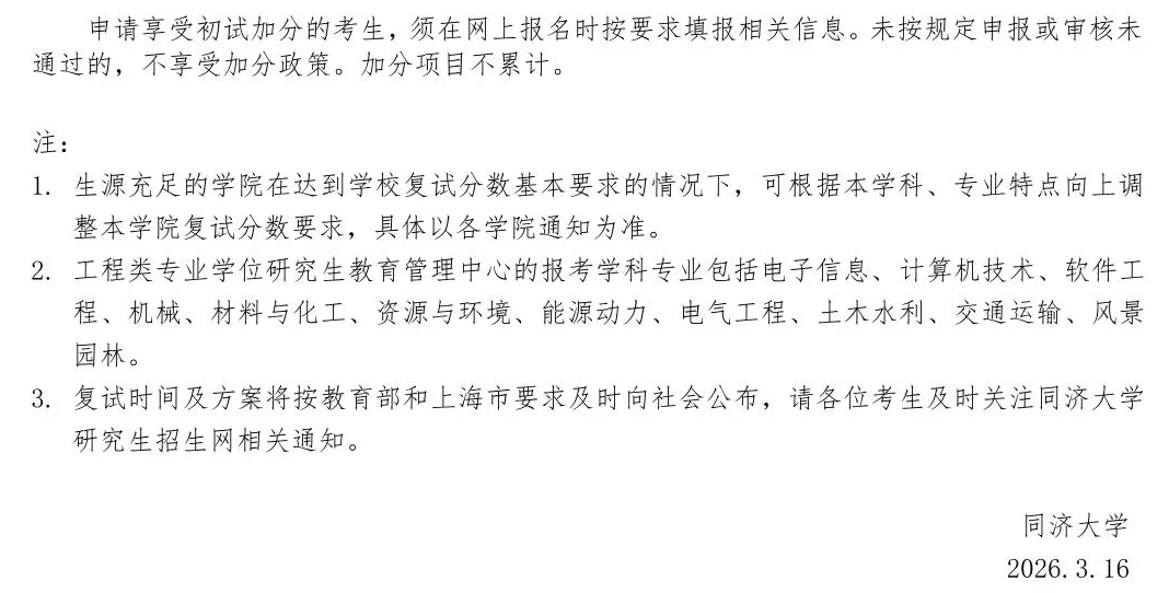 同济大学2026年全国硕士研究生招生考试进入复试的初试成绩基本要求